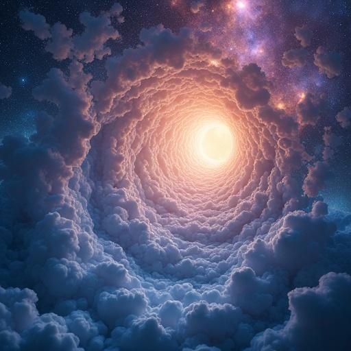 Sky curls like torn paper revealing a vivid galaxy behind. Shimmering stardust flows out. Surreal atmosphere in fantasy style. Ultra detailed with soft ethereal light.