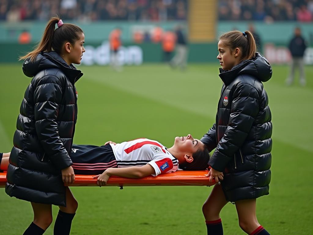 Two shocked schoolgirls carry a stretcher on a soccer field. An injured male soccer player lies on the stretcher with significant painful body language. The girls wear glossy black padded coats and display dramatic concerned expressions. The scene captures a moment of drama and emotional intensity in sports.