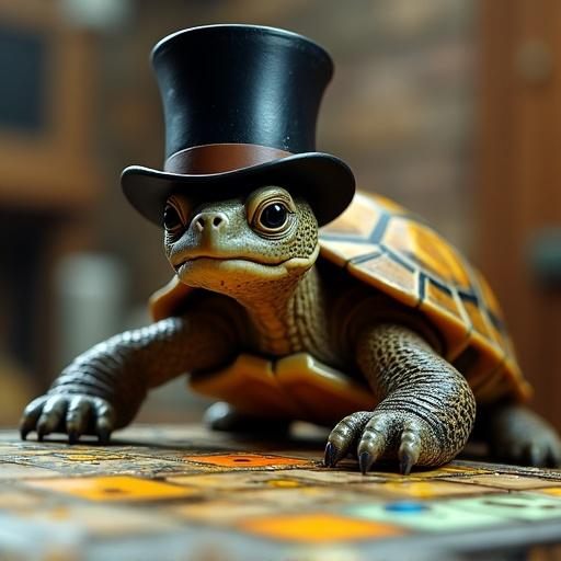 A turtle wearing a top hat. Turtle is playing Monopoly. The scene is colorful and whimsical. The board game is visible beneath the turtle. A warm atmosphere enhances the playful theme.