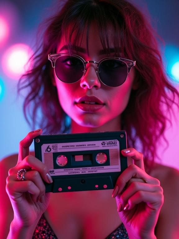 A young woman wears sunglasses and holds a mixtape. The image has a retro 1980s vibe with neon colors. Background features colorful blurry lights.