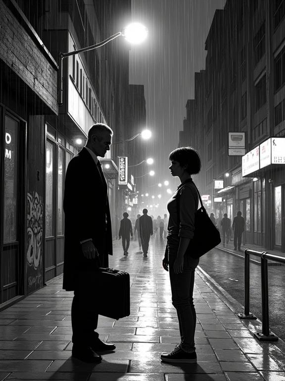 Comic book scene set on a Buenos Aires street. A mysterious man in a black suit stands under a streetlamp. He holds a briefcase and a suitcase. A young woman with short hair faces him. Urban background with graffiti and neon lights. High-contrast black and white tones.