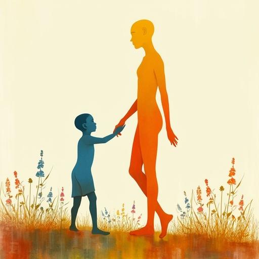 Human figures in silhouette, one orange, one blue. A child and an adult stand in a garden. Dreamlike atmosphere. Minimalist design.