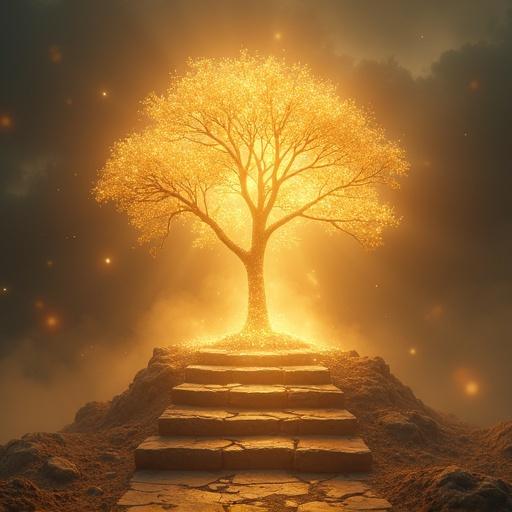 A luminous tree stands on a stone foundation. Soft golden light radiates from the tree. Ethereal atmosphere surrounds the scene. Realistic and painterly style enhances depth of field. The image represents spirituality. Steps lead up to the glowing tree.