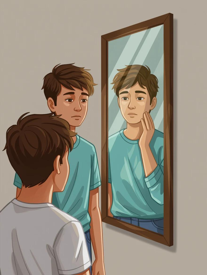Conceptual image depicting a person gazing at their reflection. One side reflects a defeated version while the other shows confidence. Neutral background enhances the contrast in mindsets. Subtle visual metaphor represents limiting beliefs.