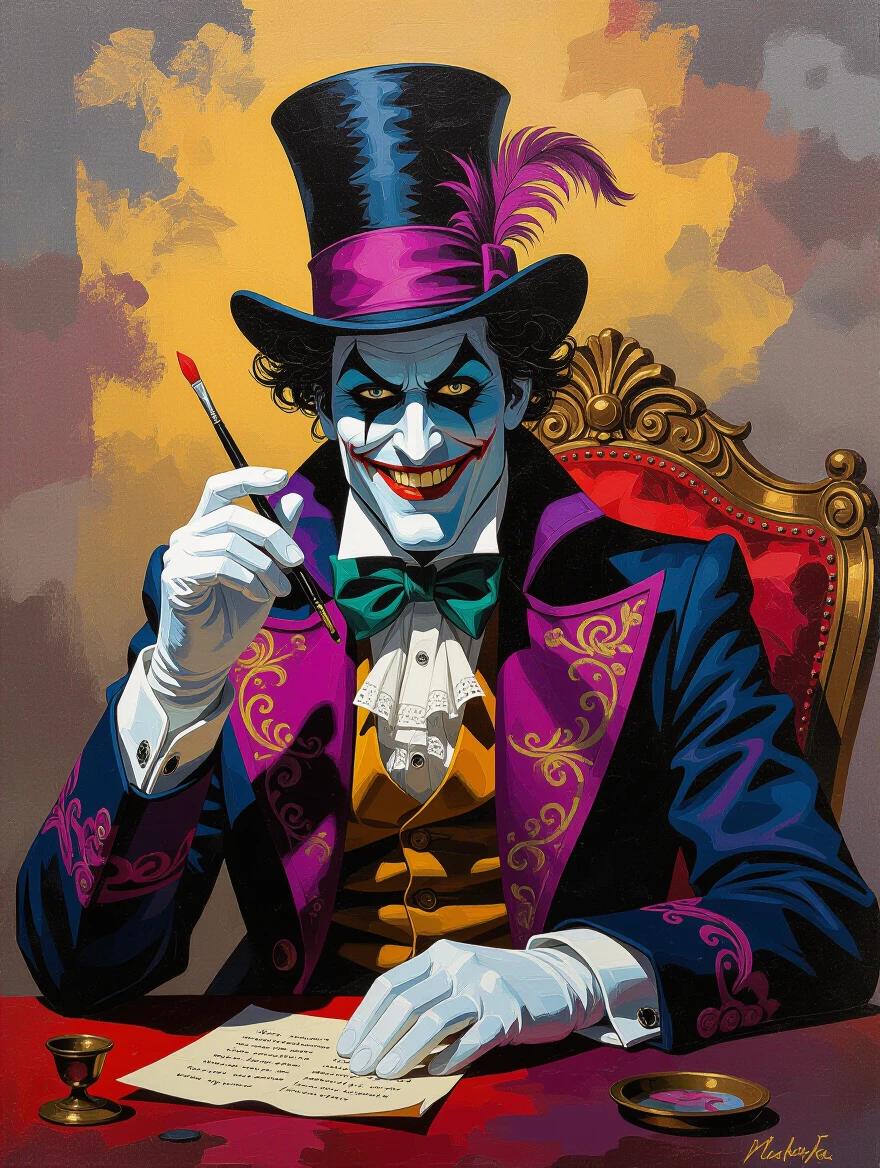 A maniacal magician dressed in intricate, ornate attire and a top hat. The magician is seated at a richly decorated desk. He gazes intensely while holding a pen. The scene features a vibrant and colorful 3D oil painting style. The background incorporates thick encaustic strokes and molten wax textures emphasizing swirling colors.