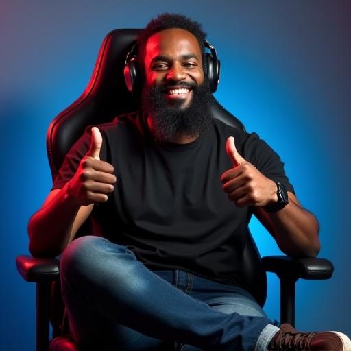 A man sitting in a gaming chair. He has a big head and wears a black t-shirt and jeans. He has a headset on and is smiling while giving a thumbs up gesture.