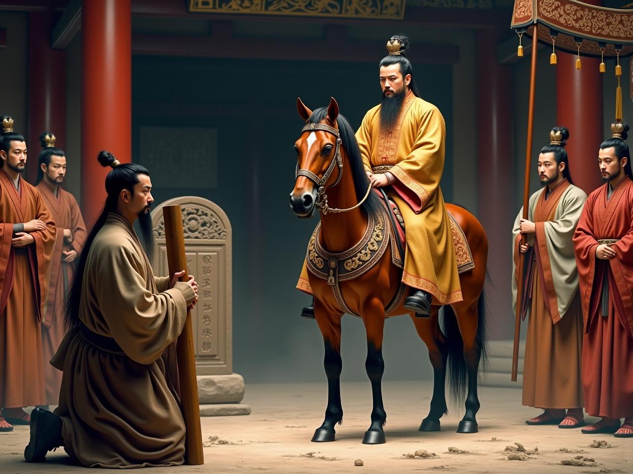 Generate a hyper-realistic photo capturing a pivotal moment in ancient Chinese history. On the left, a 35-year-old man kneels, holding a long, curved bamboo board, his humble yet dignified robe in earthy tones, bidding farewell to a young emperor who sits atop a majestic horse. The kneeling figure has a neatly groomed scholar’s beard, featuring a pointed goatee and a thin, slightly curved mustache, symbolizing his status and wisdom. Beside him, attendants in muted red and deep brown Han dynasty robes stand respectfully, reflecting their modest status and rugged journey. The emperor exudes authority with sharp features and almond-shaped eyes, adorned in a luxurious golden robe with intricate dragon embroidery, a tall ceremonial crown atop his head. His youthful face is clean-shaven, emphasizing his vigor and imperial poise. Surrounding him, attendants in vibrant red and gold robes maintain a calm demeanor, some sporting trimmed mustaches or short, well-kept beards that convey their higher-ranking status. One attendant holds a square imperial canopy with flowing tassels, enhancing the scene's regal atmosphere. In the center, a stone stele with partially visible inscriptions adds historical depth. The background is set outside a grand palace, with intricate wooden pillars and tiled roofs visible in the distance. The lighting is soft yet dramatic, emphasizing the intricate details of the scene.