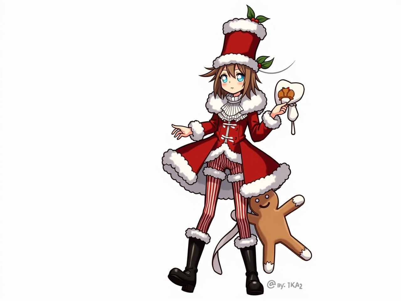 The image features a character dressed in an elaborate costume adorned with festive elements. They wear a red and white ensemble with a long coat trimmed in fur and a ruffled shirt underneath. The character's pants are striped, and they have tall black boots. On their head is a tall hat decorated with holly, complementing their seasonal attire. A whimsical gingerbread figure is attached to the character, adding to the festive theme. The background is plain, emphasizing the character's detailed outfit and accessories.