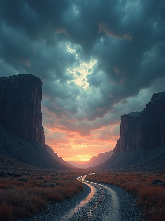Dramatic landscape scene with dark stormy sky showing vibrant colors underneath. Winding path leads into unknown. Sense of change and mystery.