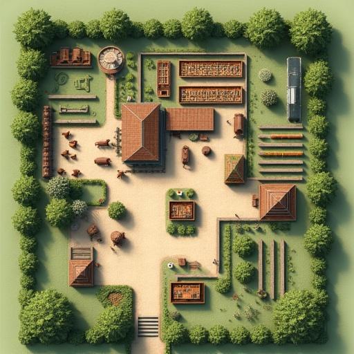 Design layout of a one hectare farm. Elements include 500 capacity pig pens, biodigester, 1000 capacity poultry housing, goat farm, fish farm, greenhouse, worker accommodation. Overall organization for effective farming practice.