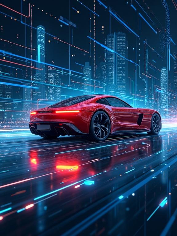 Cover image for a book about electric circuits in cars. Features a futuristic design with a red car on a digital road surrounded by blue neon lights and cityscape.