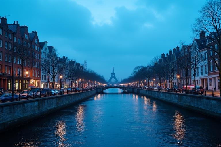 Image of Dublin city captured with a blue tone. A river flows through the city with a bridge and historic buildings on both sides. The sky is cloudy.