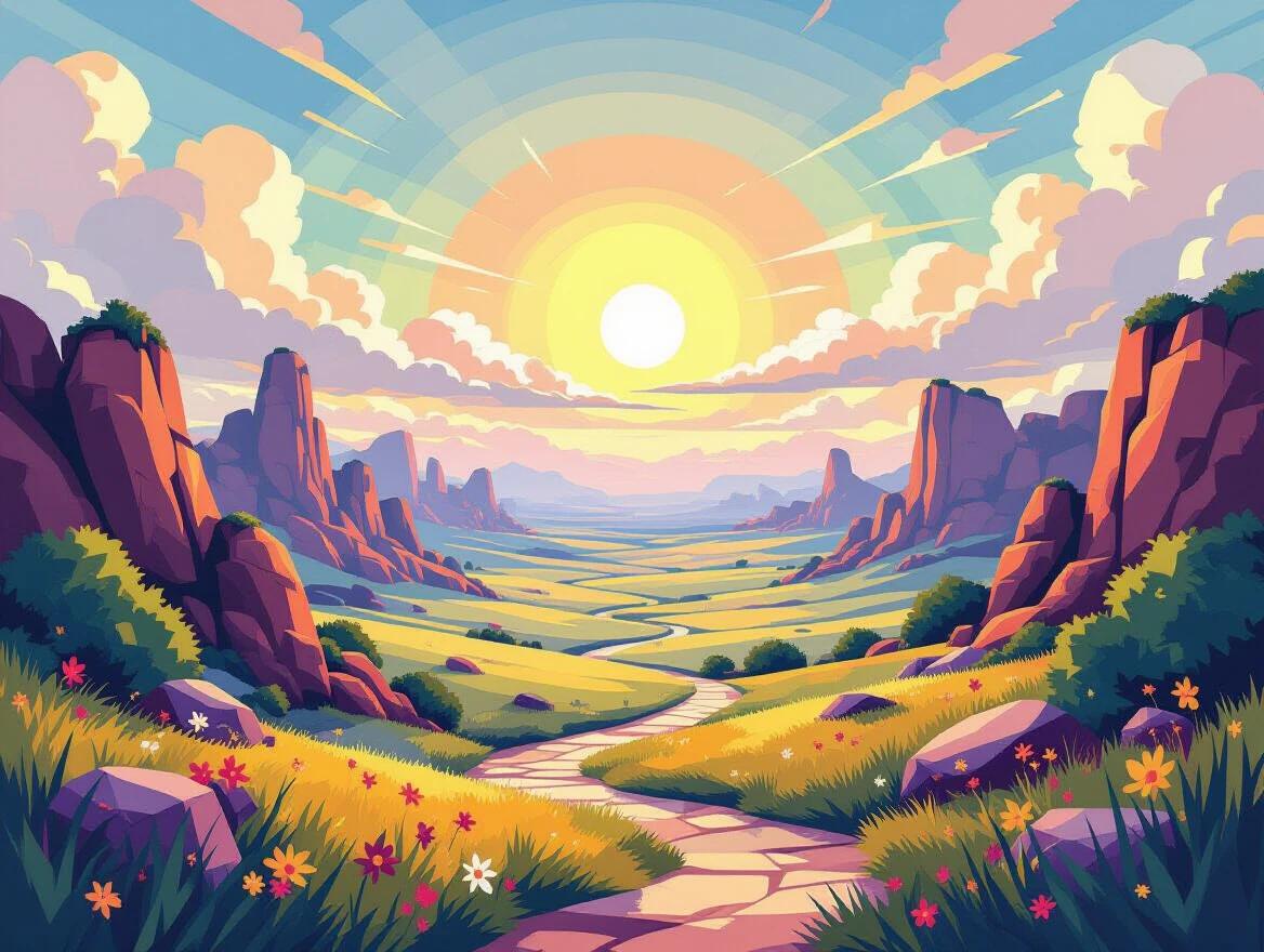 Vast fantasy landscape. Foreground features low-poly shapes with bright colors. Midground shows lush impressionist textures. Background includes pixel art horizon with 8-bit sun. Strong depth difference in landscape.