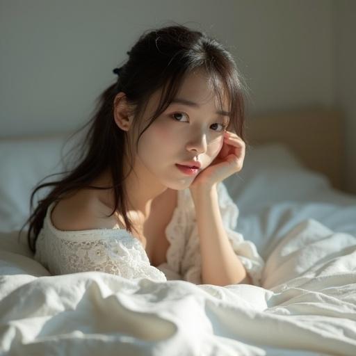 A Japanese woman is sitting on a bed. Soft lighting creates a serene mood. She wears minimalist fashion. The setting is calm and inviting.