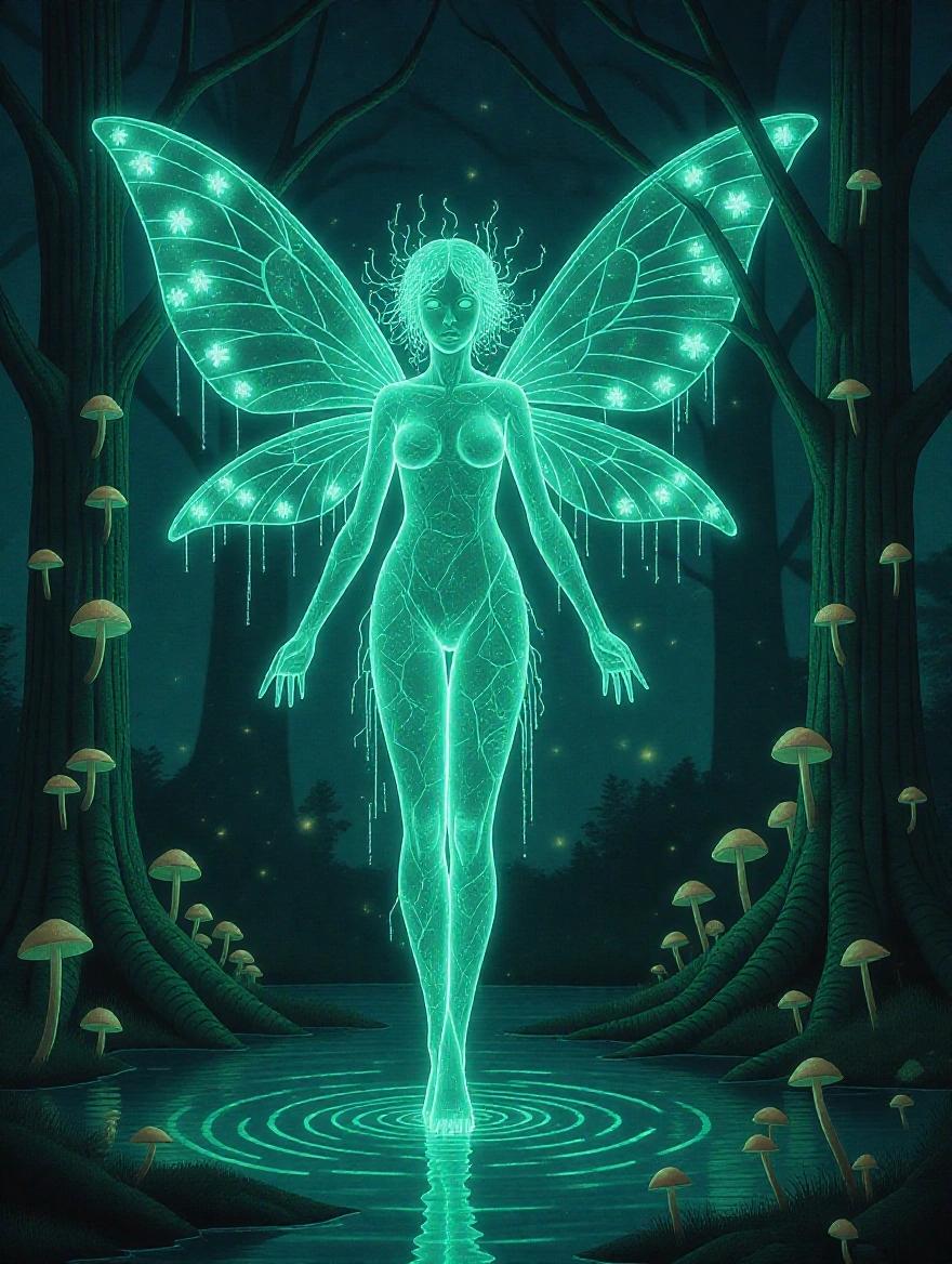 Translucent being with opal skin and luminous hair. Wings resemble jellyfish pulsing green. Feet leave mushroom footprints. Background features trees with bone bark and glowing fireflies around a mercury lake.