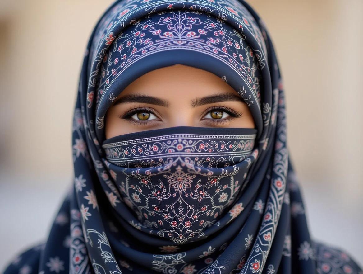 Portrait of an Arab woman wearing a hijab. Focus on the woman's eyes. The hijaab is beautifully patterned. The background is softly blurred. High definition image.