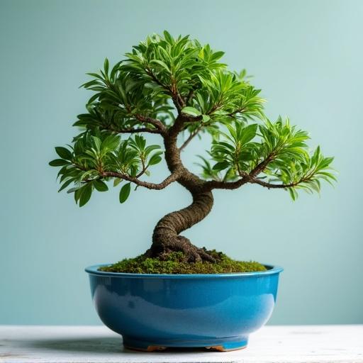 Bonsai plant displayed in a blue decorative pot. Green leaves and twisting trunk. Set against a light background. Focus on tranquility and nature.