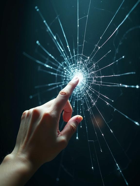 Hyper-realistic art piece shows a finger touching a screen. The image cracks like glass at the contact point. It represents shattering perception. Cinematic style with realistic details.