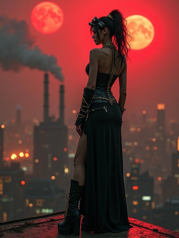 A dark-haired woman in steampunk attire stands on a platform. She wears a black corset with gold details and a long skirt. Factories and smoke are in the background. The sky is blood-red with multiple moons.