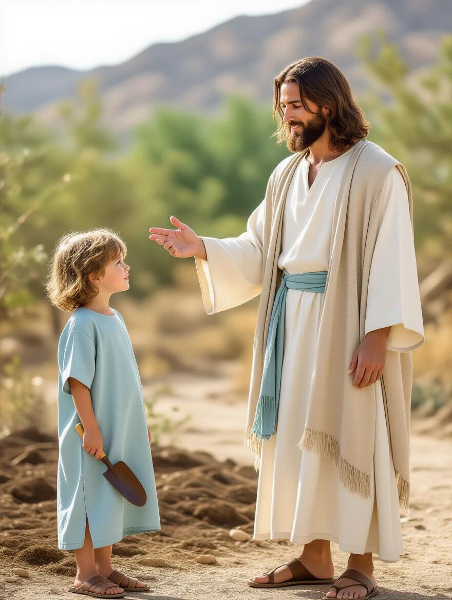 A scene depicting Jesus with a child in a garden. Jesus has long brown hair wearing a white tunic with a light blue sash. The child is wearing a light blue tunic, holding a gardening trowel. Jesus gestures gently as if teaching, conveying a sense of calm. The background features greenery with sunlight filtering through the leaves.