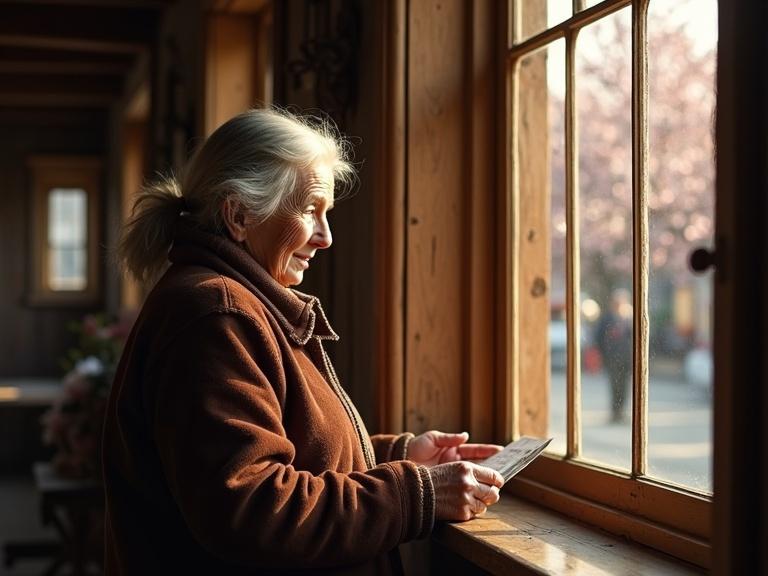 Elderly woman stands by a wooden window. She holds a faded photo. Outside, cherry trees bloom in spring. Soft golden sunlight touches her face. A second scene shows her daughter in New York City. The daughter holds hands with her children. She looks up with longing. The scene feels warm and nostalgic.