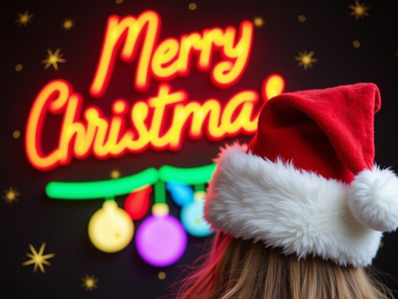 The image features a person wearing a festive Santa hat. The hat is fluffy with a white brim and a red body, typical for Christmas celebrations. Behind the person, there is a bright and colorful Christmas-themed neon sign that reads "Merry Christmas" in playful script. The neon design is accented with colorful ornaments hanging below the text. The overall look conveys a cheerful holiday spirit, emphasizing joy and celebration associated with Christmas.