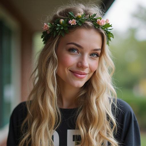 A person introduces herself wearing a floral crown. Natural setting with a relaxed atmosphere. Long flowing hair and casual clothing. Soft light enhances the warm and inviting vibe.