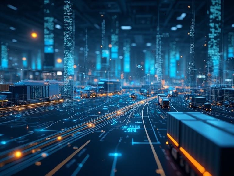 An automated logistics control center manages AI-driven drones and self-driving trucks. Digital displays show paths for packages, weather data, and metrics for cost efficiency.
