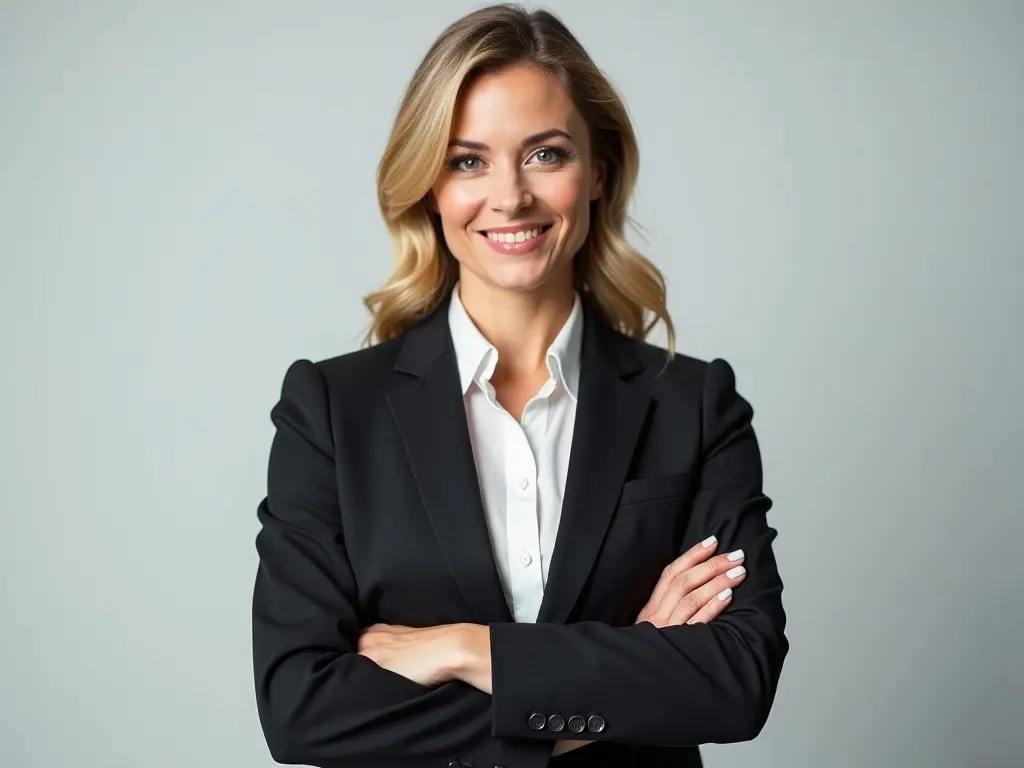 A professional headshot featuring a powerful business person with an assertive expression. They are dressed in a sharp, tailored suit that conveys confidence and authority. The background is plain and unobtrusive, emphasizing the subject. The lighting is bright and flattering, highlighting the person's features and professional demeanor. Their posture is straight, exuding professionalism and leadership.