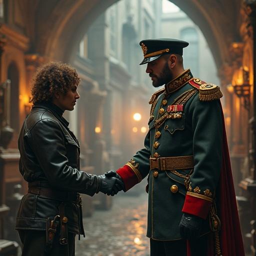 Image showcasing a military setting featuring a colonel in a steampunk outfit shaking hands with a hacker. The scene is atmospheric and highlights interaction between two distinct roles.