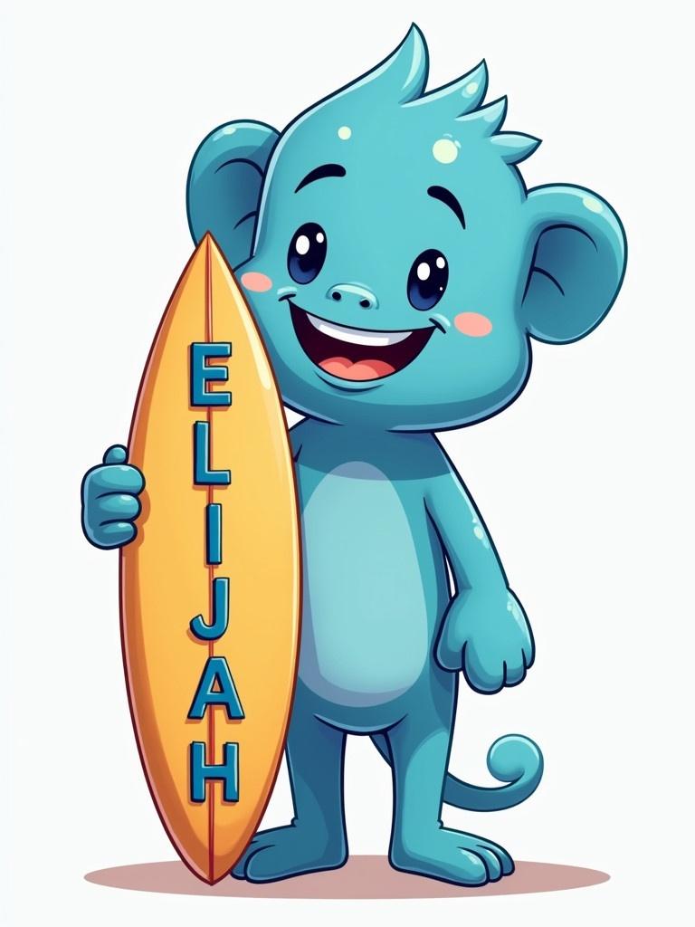 Cheerful blue cartoon character holds a surfboard named Elijah. Character has a friendly face and rounded ears. Surfboard is bright and orange with bold letters. Emphasizes playfulness and fun.