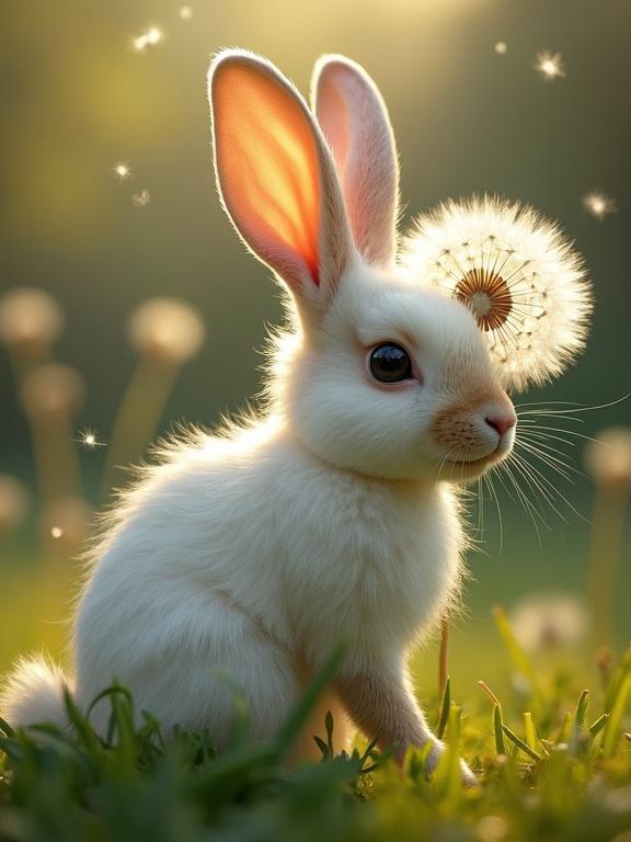A cute rabbit with large ears sits next to a dandelion puff. The scene is bathed in soft, dreamy light. Background features more dandelions. The atmosphere feels magical and whimsical.