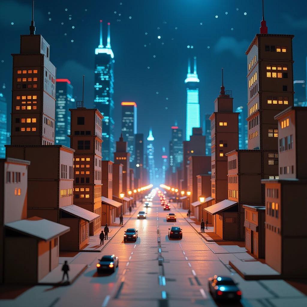 Dystopian cyberpunk cityscape made of cardboard illuminated at night. Buildings with neon lights and a busy street. Starry sky overhead. Cardboard structures create an urban atmosphere.