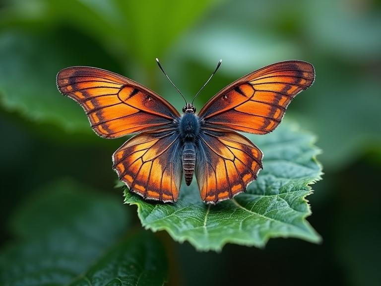 Highly detailed and vibrant close-up of a majestic butterfly with iridescent wings on a green leaf. Set against a blurred background. Exquisite symmetrical beauty reminiscent of art.