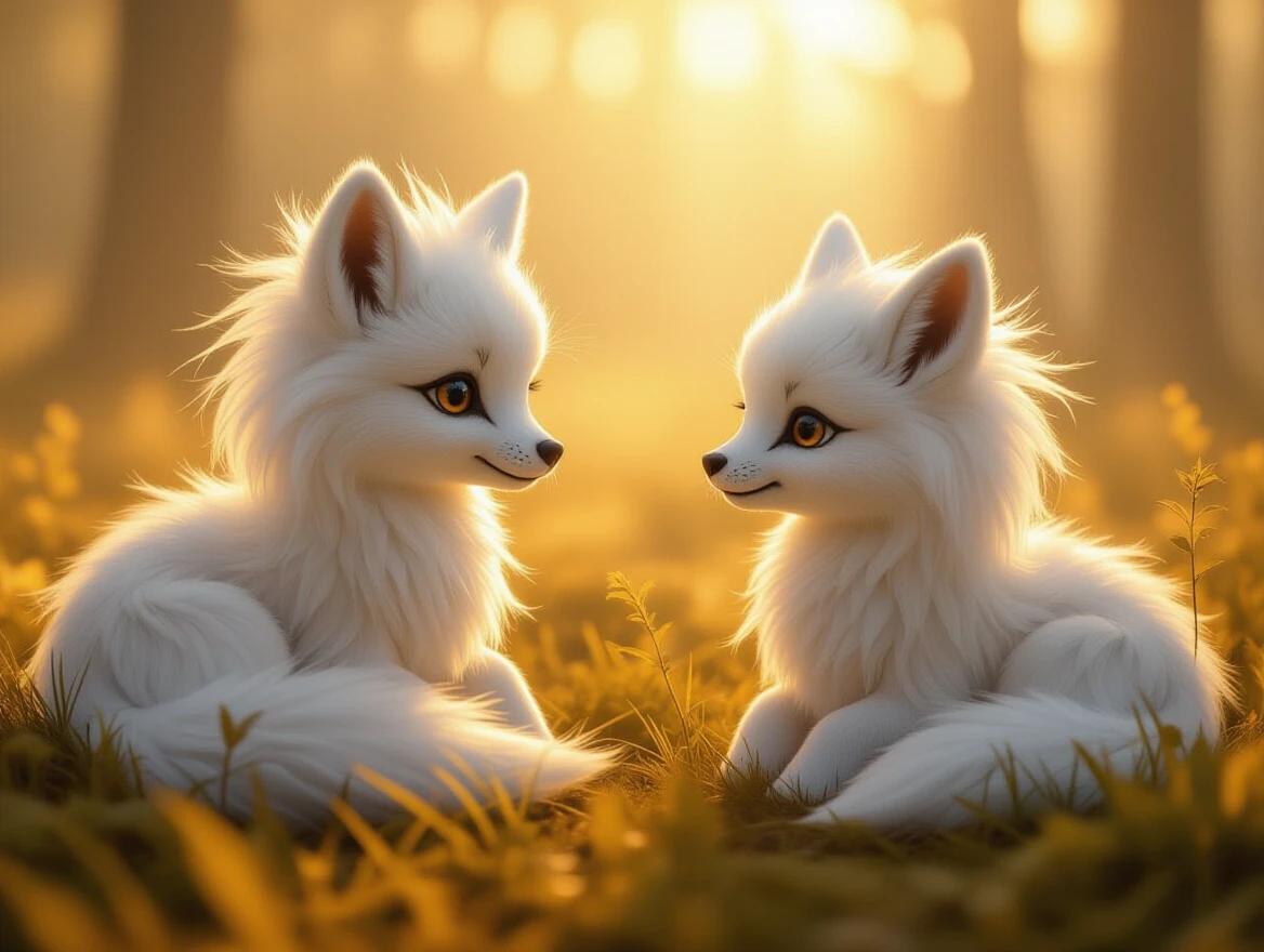 Two gentle white fox-like mythical creatures with fluffy fur and soulful eyes sit together in a golden misty forest. Early dawn haze creates a glowing atmosphere. The scene is cinematic with photorealistic fantasy style, featuring soft shadows and sharp focus.