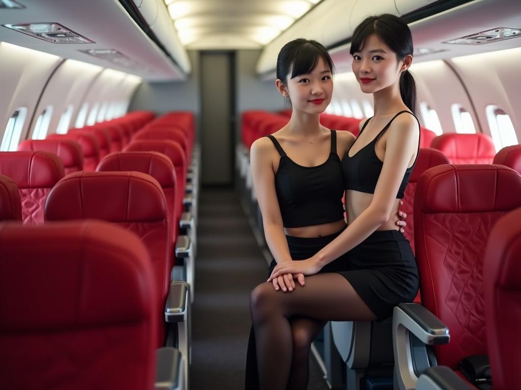 Two young women posing inside an airplane cabin. They wear black outfits with pantyhose and high heels. The interior features red seats and a clean setting. Flash photography used for bright visuals.