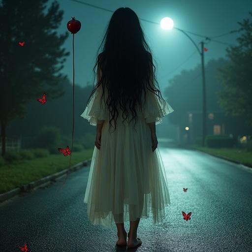 A ghostly girl stands on a quiet suburban street at night. She has long black hair with pomegranate flowers. She wears a delicate pale white dress shimmering in the moonlight. She is barefoot on wet asphalt. Her amber eyes hold a deep silence. A red string of fate wraps around her fingers. In one hand, she holds a pomegranate. Spirit butterflies float around her. The lighting is cinematic with a dark fantasy atmosphere and soft fog.