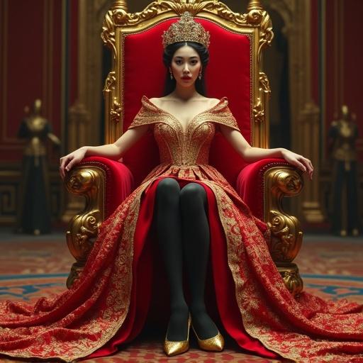 A regal empress seated on a red throne. Wearing a gold-embroidered gown and crown. Elegant pose with crossed legs. Maids kneeling, showing reverence. A luxurious and solemn setting.
