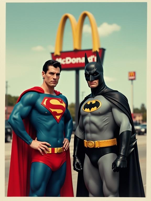 Polaroid photograph with superheroes Supermans and Batman posing together with McDonald's in the background. Bright colors and playful atmosphere are visible. The image captures the humor of the superheroes near a fast food restaurant.