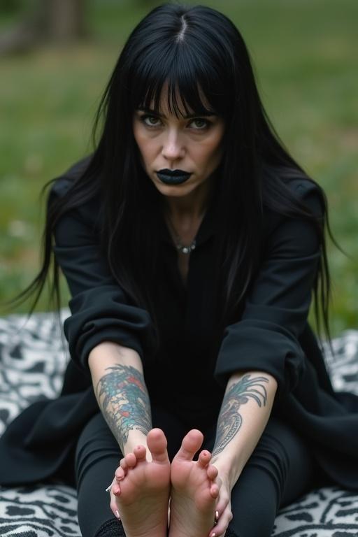 Mature goth woman with long black hair. Black lips and tattoos on arms. Sitting outdoors on a blanket. Showcasing tattooed bare feet. Expression of worry. Black clothing.