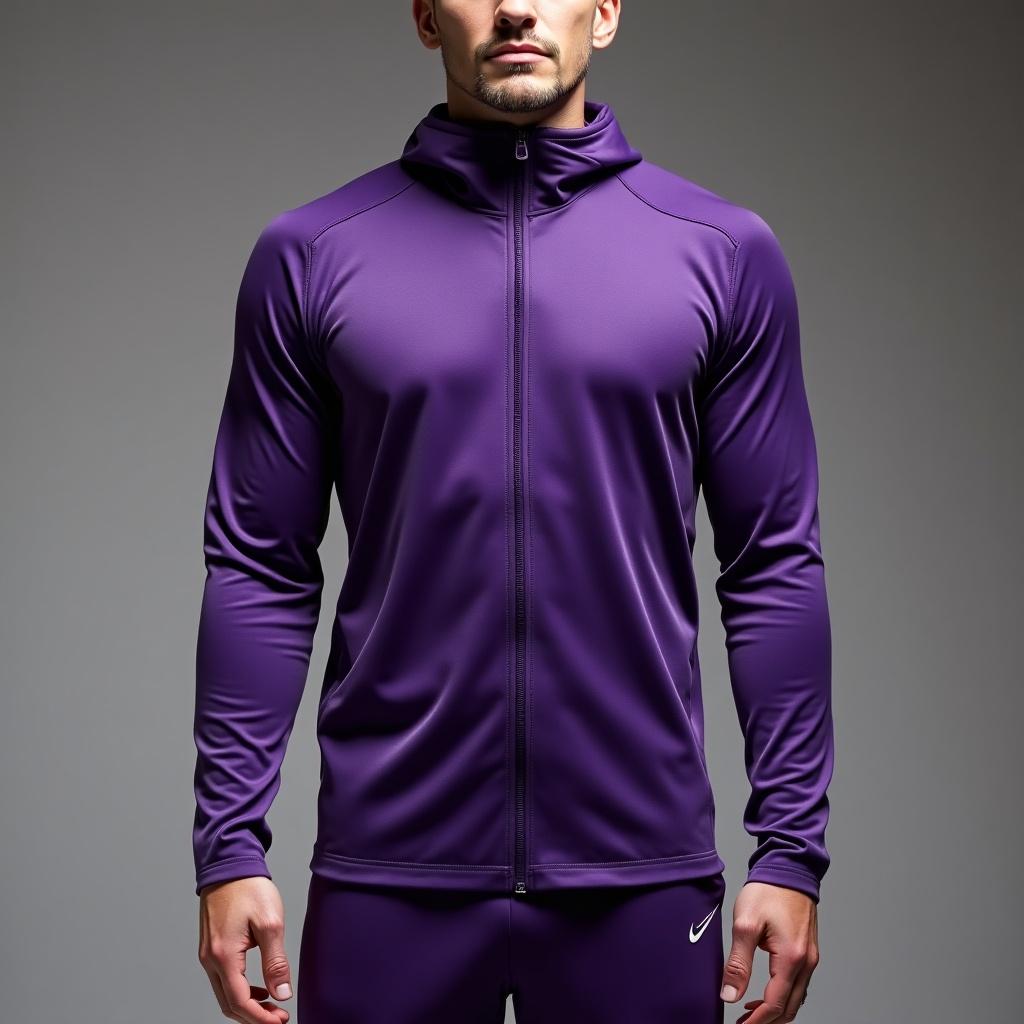 A man is dressed in a sleek, Asgardian purple training jacket. The jacket is zipped up, showcasing its modern athletic design. He stands confidently against a simple backdrop, embodying strength and readiness for training. The fabric appears high-quality, ideal for workouts. The Nike logo is subtly displayed, emphasizing brand quality. The color is vibrant, hinting at an energetic workout routine. This outfit is suitable for both indoor and outdoor training sessions. The style is clean, appealing to fitness enthusiasts looking for stylish workout attire.