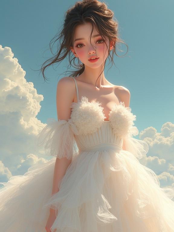 A young woman wears a fluffy, cloud-like dress in a soft dream-like atmosphere. She has big jelly-like eyes and a delicate expression. The background features soft clouds and a pastel blue sky.