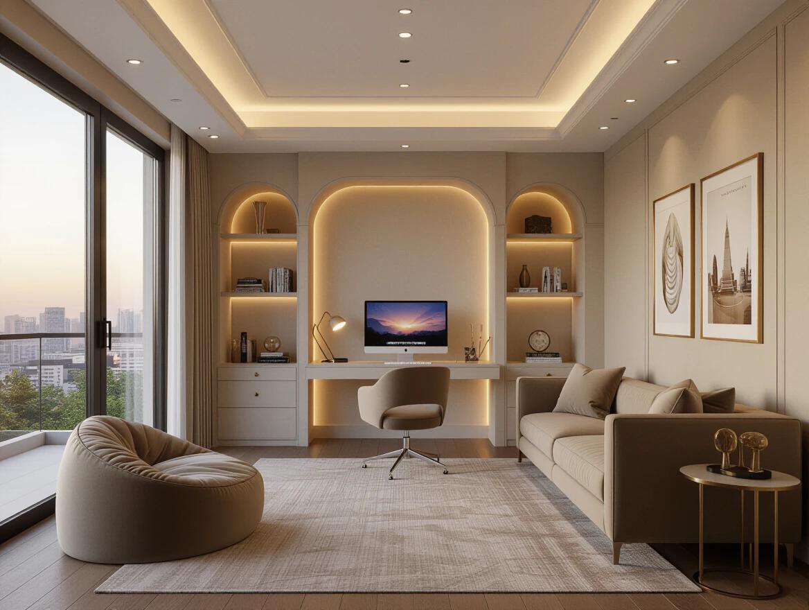 Cozy luxurious interior room designed for creative comfort. Spacious room with elegant walls and high-end recessed ceiling featuring layered trims. Soft LED cove lighting embedded in ceiling. Single minimalist desk setup with a sleek monitor and chair. Designer velvet sofa on the right. Plush bean bag on the floor. Textured walls in warm tones. Soft wooden or matte stone flooring with an area rug. Large window with a modern Indian cityscape view at sunset. Soft ambient lighting. Indoor plant beside the sofa. Elegant wall decor and soft curtains. Cinematic atmosphere with warm light reflections.