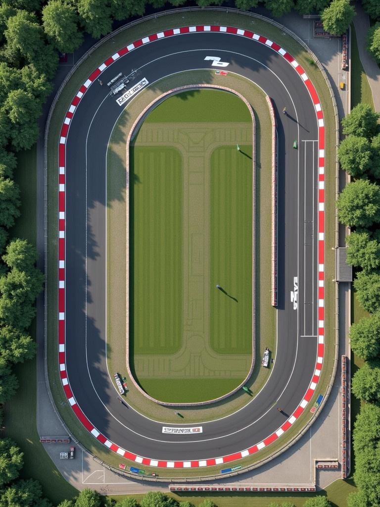 Top-down aerial view of racing track layout with straight sections. Tight hairpin turns and S curve chicane included. Features pit lane, green grass, gravel traps, safety barriers, grandstands, trackside flags, and advertisements with letters RU.