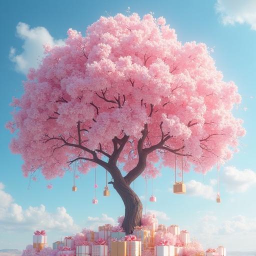 Light pink rose tree filled with hanging gifts. Gifts in light pink, white, gold, light blue. Bright blue sky with fluffy white clouds. No dark shadows.