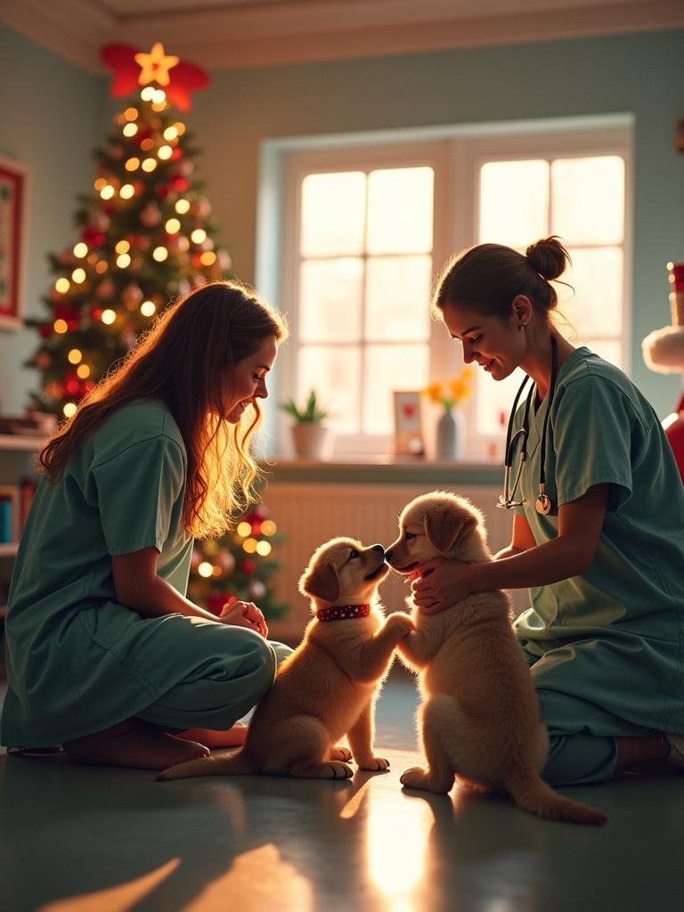 Christmas-themed animal hospital scene. Interaction between two veterinarians and puppies. Festively decorated room with a Christmas tree. Warm lighting creates a joyful atmosphere.