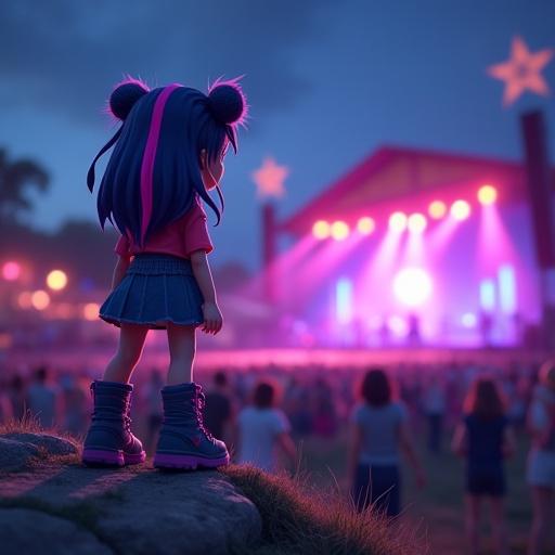 Sci-Twi enjoys a music festival. She's watching her favorite band perform at night. Sci-Twi has navy-blue hair with a pink and purple stripe. She wears a pink and purple shirt, navy-blue skirt, navy-blue socks and navy-blue hiking boots with pink laces and purple soles.