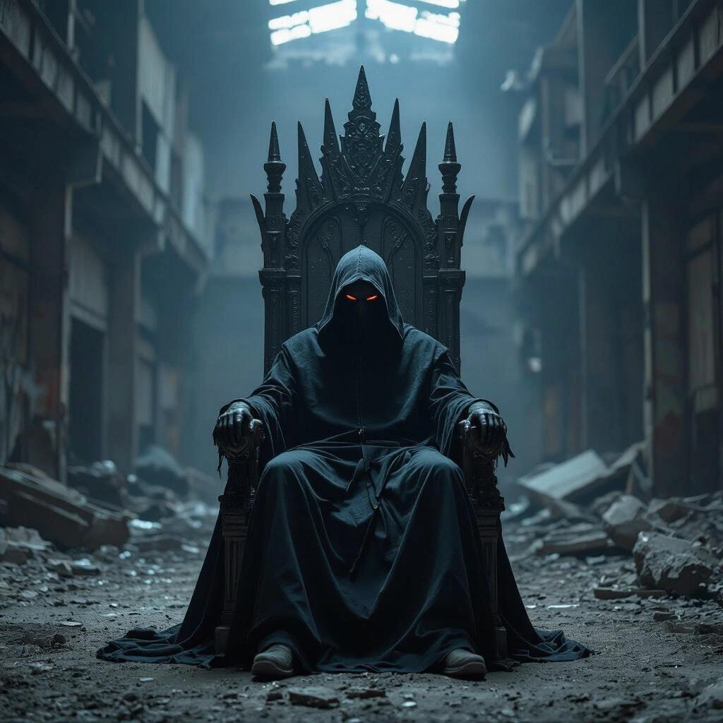 A dark scene in an abandoned warehouse. A powerful throne stands empty in the background. A cloaked figure sits with glowing red eyes. The environment is crumbling and filled with debris. Dramatic shadows enhance the mysterious feeling.