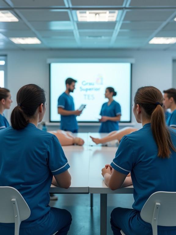 Inspirational classroom scene with adult students in blue uniforms attending a healthcare training session. Students engage with high-tech simulation mannequins. Screen shows 'Grau Superior TES'. Bright and hopeful atmosphere.