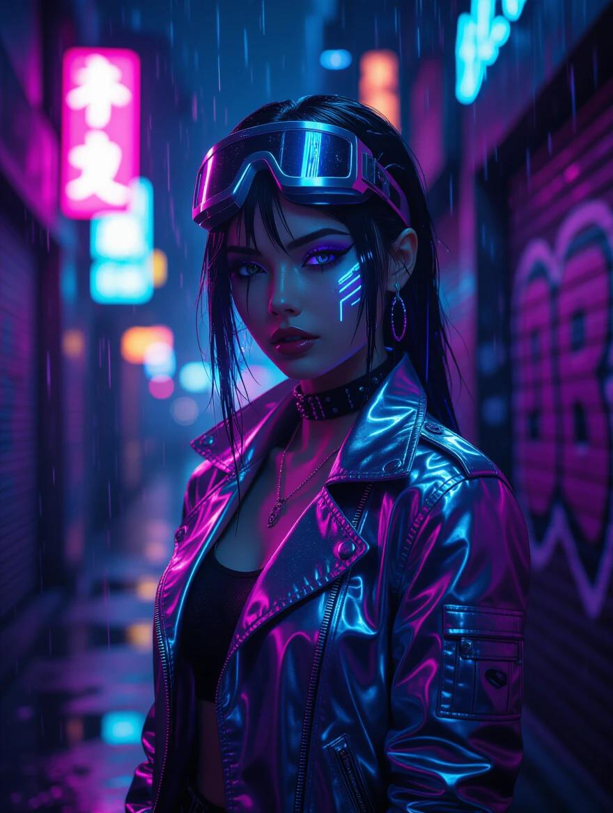 Cyberpunk girl with a futuristic appearance in a neon-lit alley. Chrome-accented jacket reflects vibrant colors. Holographic makeup and glowing irises present. High-tech visor on head. Raindrops on synthetic hair in asymmetrical style. Background features blurred neon signs and graffiti. Dramatic cinematic lighting from left side adds depth. Shot in portrait with shallow depth of field for intimacy and detail.